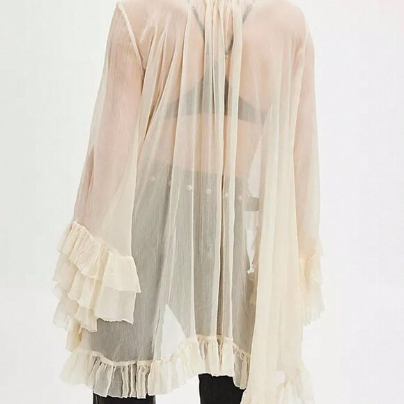 Beige Elegant Women's Ruffled Boho Top Long Sleeve V Neck Peplum - Picture 2 of 4